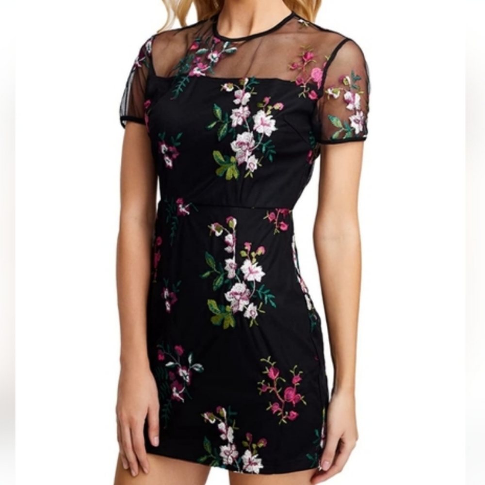 NEW Embroidered Mini Dress, S, black floral, mesh, lined, zip up, formal, sheer